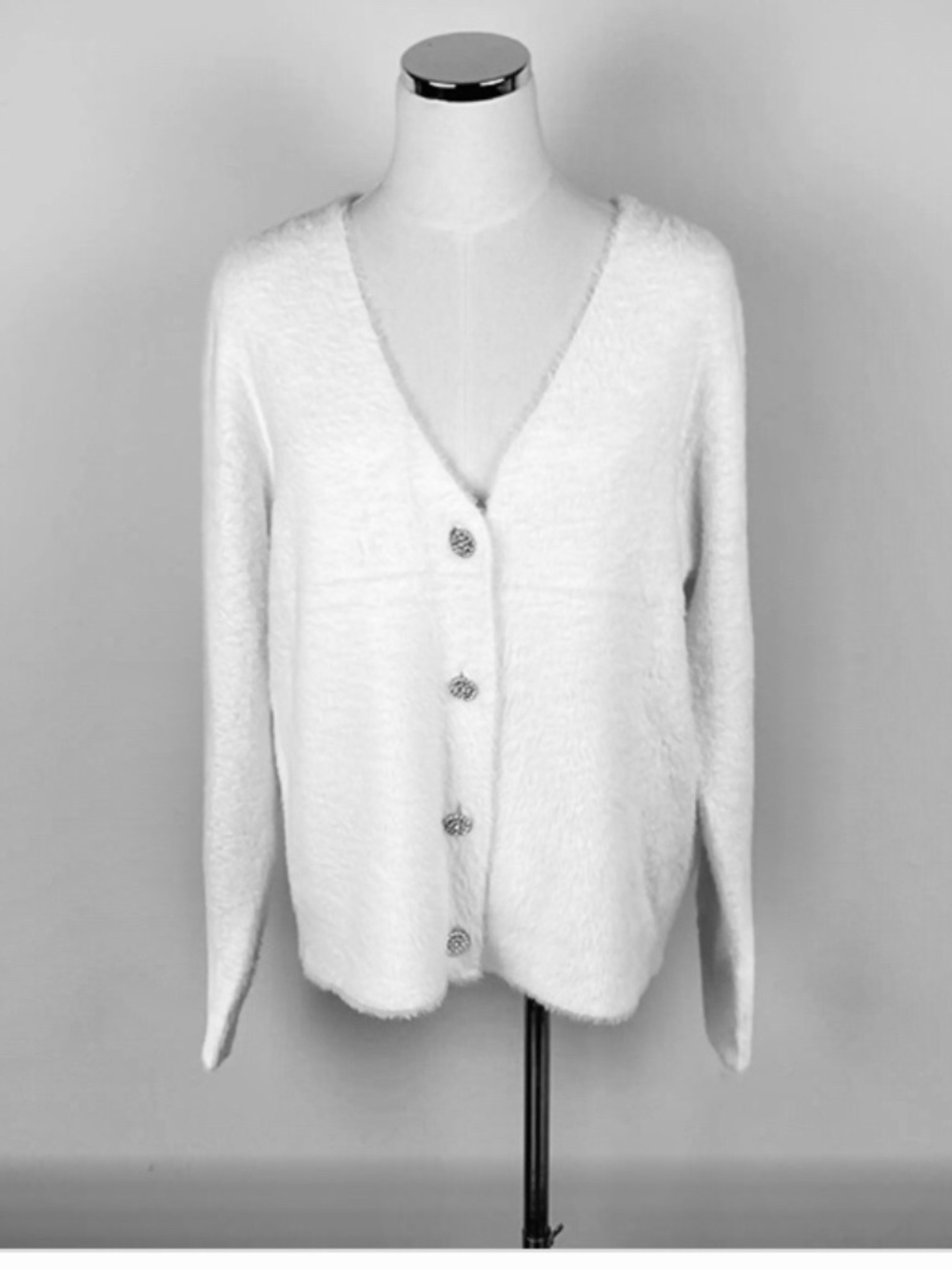 NWT Rachel Zoe XL Fuzzy White Cardigan Rhinestone Buttons Soft Luxury Cozy Chic
